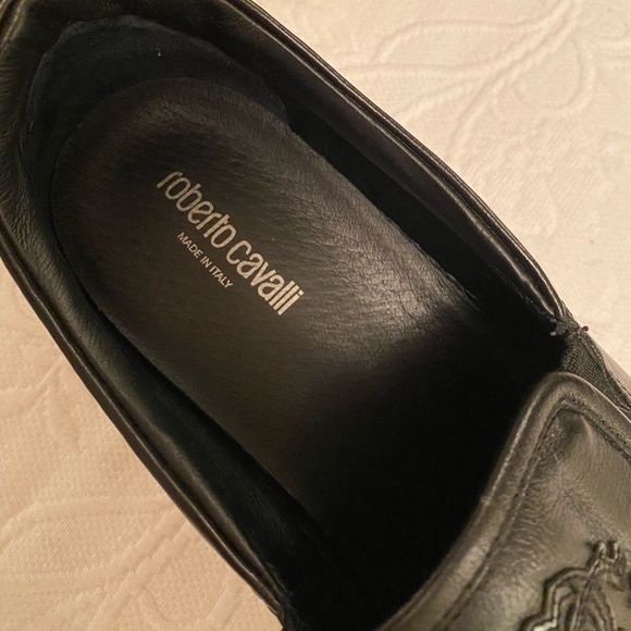 Roberto Cavalli black leather slip on sneakers with white sole main image 3
